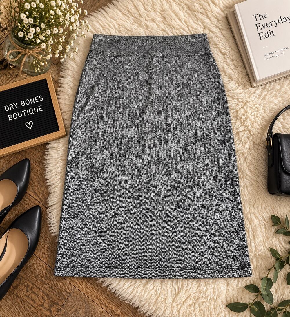 Popular Basics Women’s XL Black White Herringbone Pencil Midi Skirt Stretch